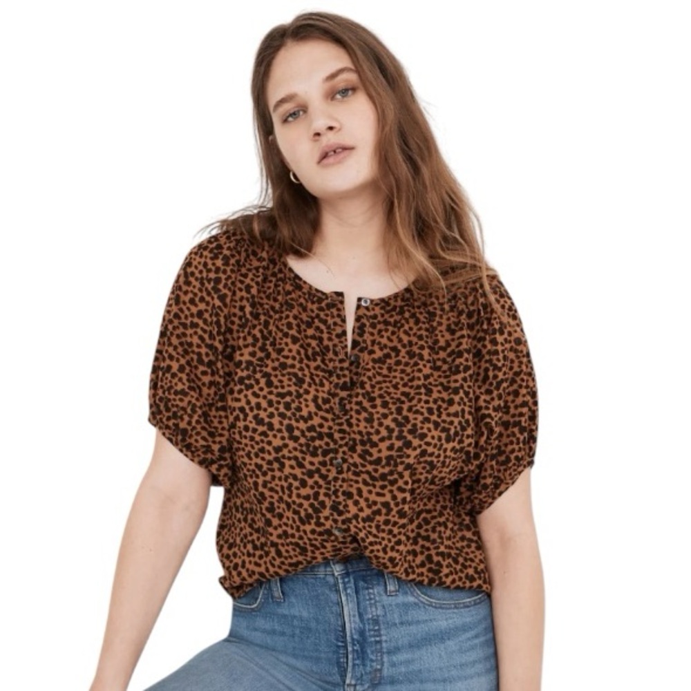 MADEWELL Balloon Sleeve Button-Up Leopard Print Top